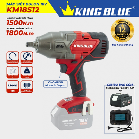 Bộ máy bắn bu lông  pin 18V 1/2inch 1500Nm Kingblue KM18S12.1 (1 pin 4Ah) (Chân Makita)