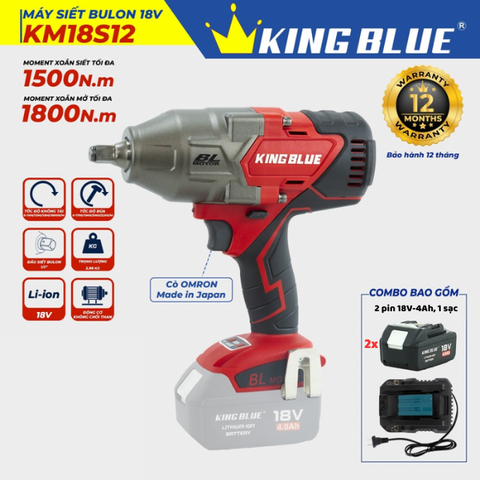 Bộ máy bắn bu lông pin 18V 1/2inch 1500Nm Kingblue KM18S12.2 (2 pin 4Ah) (Chân Makita)