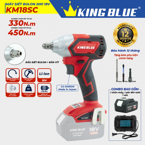 Bộ máy bắn bu lông pin 18V 330N.m Kingblue KM18SC.1 2in1 (1 pin 4Ah) (Chân Makita)