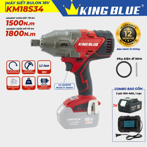 Bộ máy bắn bu lông pin 18V 3/4inch 1500Nm Kingblue KM18S34.2 (2 pin 4Ah) (Chân Makita)