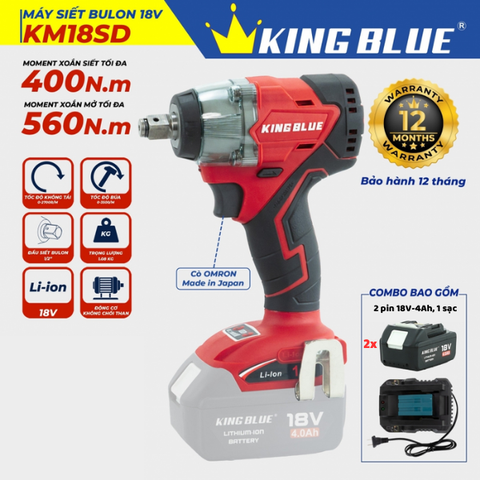 Bộ máy bắn bu lông pin 18V 560Nm Kingblue KM18SD.2 (2 pin 4Ah) (Chân Makita)