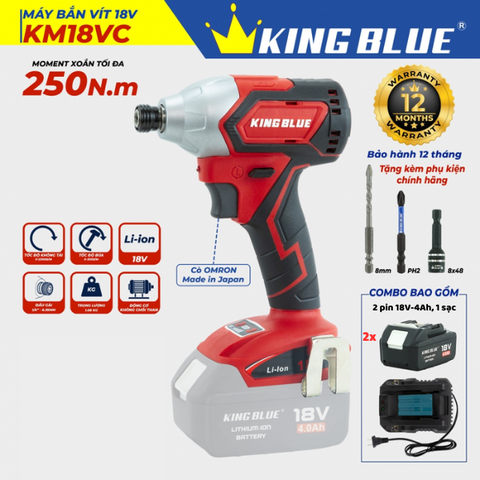 Bộ máy bắt vít pin 18V 250Nm Kingblue KM18VC.2 (2 pin 4Ah + 1 sạc) (Chân Makita)