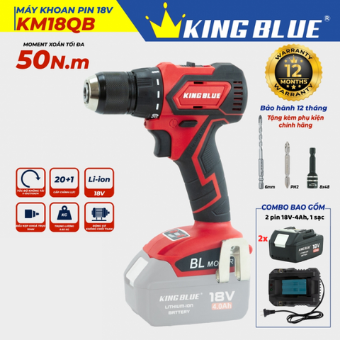 Bộ máy khoan pin 18V Kingblue KM18QB.2 (2 pin 4Ah+ 1 sạc) (Chân Makita)