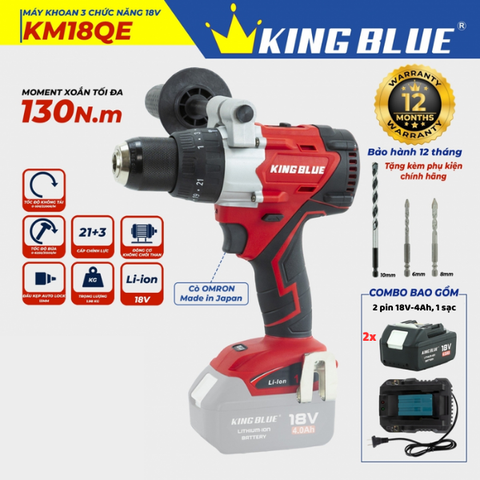 Bộ máy khoan pin 18V Kingblue KM18QE.2  (2 pin 4Ah + 1 sạc) (Chân Makita)