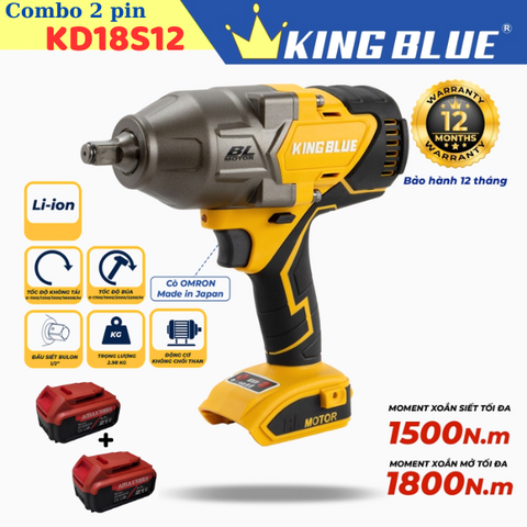 Combo máy bắn bu lông pin Kingblue KD18S12 KB0524.09.2 (2 pin 4Ah)