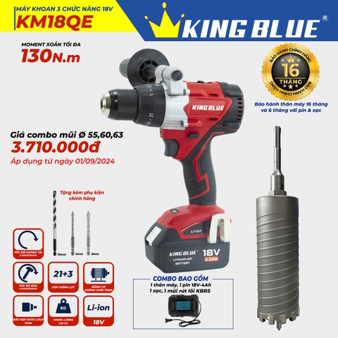 KB0924.01 - Combo Kingblue khoan pin 18V KM18QE ( bộ 1 pin, 1 sạc) và mũi khoan rút lõi 55mm