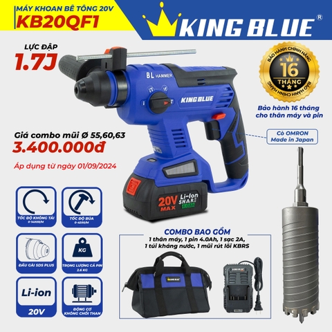 KB0924.04 - Combo Kingblue khoan bê tông KB20QF1 ( bộ 1 pin, 1 sạc) và mũi khoan rút lõi 55mm