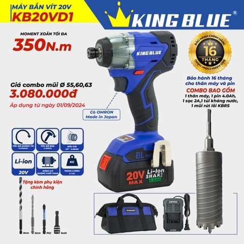 KB0924.13 - Combo Kingblue bộ bắt vít KB20VD1 ( bộ 1 pin, 1 sạc) và mũi khoan rút lõi 55mm