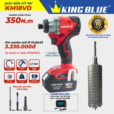 KB0924.16 - Combo Kingblue bộ bắt vít KM18VD ( bộ 1 pin, 1 sạc) và mũi khoan rút lõi 55mm