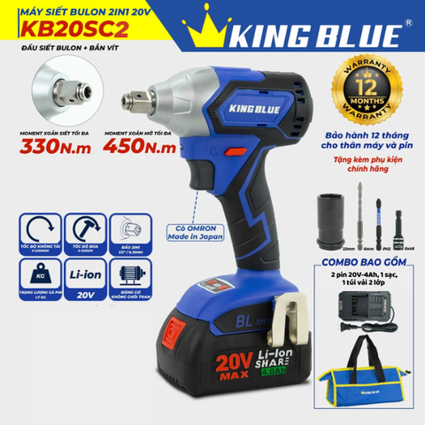 Máy bắn bu lông 2 trong 1, pin 20V (2 pin, 1 sạc) Kingblue KB20SC2 (Chân pin Bosch)