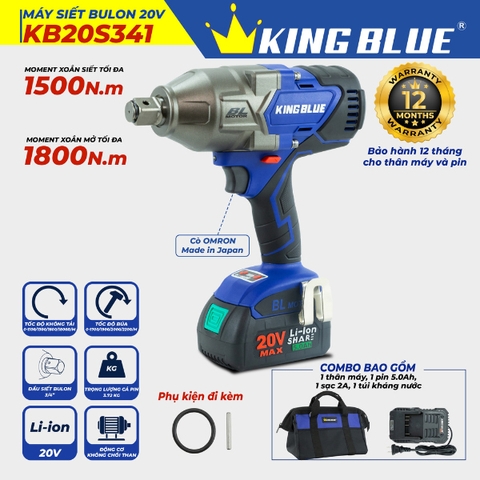 Máy bắn bu lông 20V (1 pin, 1 sạc) Kingblue KB20S341 (Chân pin Bosch)