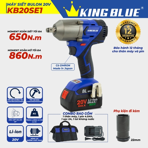 Máy bắn bu lông 20V (1 pin, 1 sạc) Kingblue KB20SE1 (Chân pin Bosch)