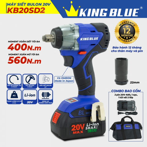 Máy bắn bu lông 20V (2 pin, 1 sạc) Kingblue KB20SD2 (Chân pin Bosch)