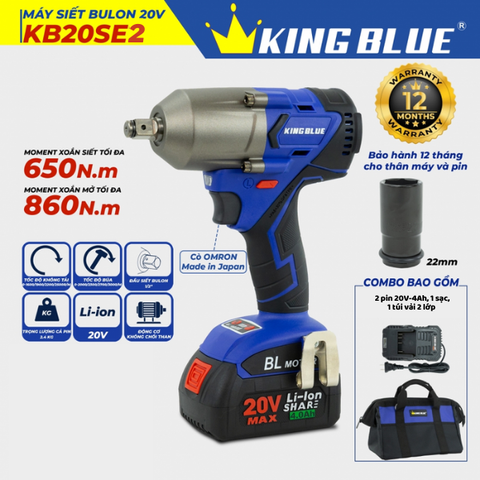 Máy bắn bu lông 20V (2 pin, 1 sạc) Kingblue KB20SE2 (Chân pin Bosch)