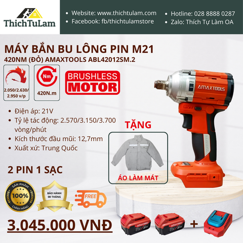 Máy bắn bu lông pin 420N.m M21 (đỏ-Bộ 2 pin, 1 sạc 2.5Ampe) Amaxtools ABL42012SM.2