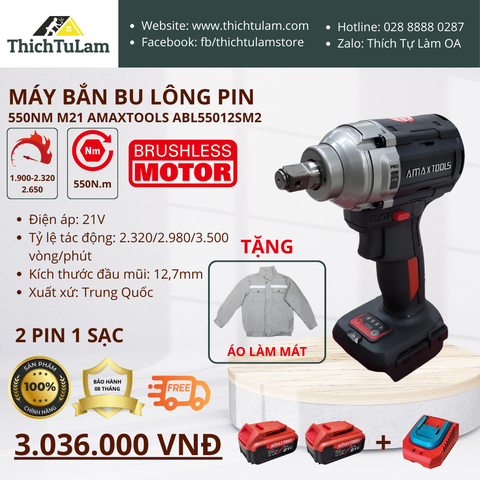 Máy bắn bu lông pin 550Nm M21 (Bộ 2 pin, 1 sạc 2.5Ampe)  Amaxtools ABL55012SM2