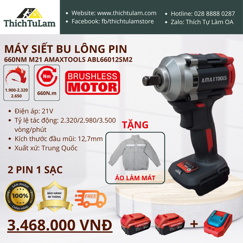 Máy bắn bu lông pin 660Nm M21 (Bộ 2 pin, 1 sạc 2.5Ampe) Amaxtools ABL66012SM2