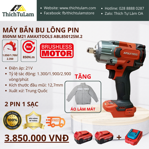 Máy bắn bu lông pin 850Nm M21 (bộ 2 pin, 1 sạc 3.5 Ampe) Amaxtools ABL85012SM.2