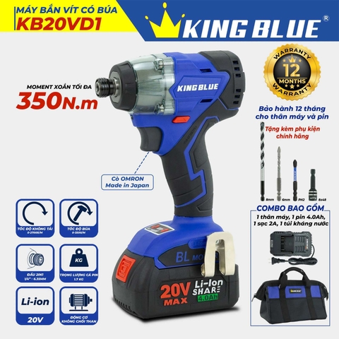 Máy bắt vít (có búa) 20V (1 pin, 1 sạc) Kingblue KB20VD1 (Chân pin Bosch)