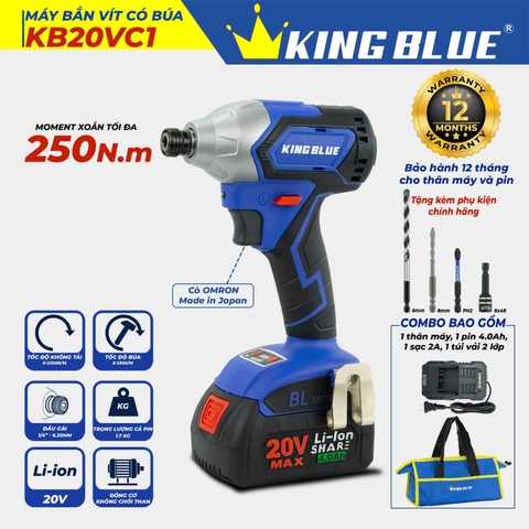 Máy bắt vít pin 20V 250Nm Kingblue KB20VC1 (1 pin 4Ah + 1 sạc) (Chân Bosch)