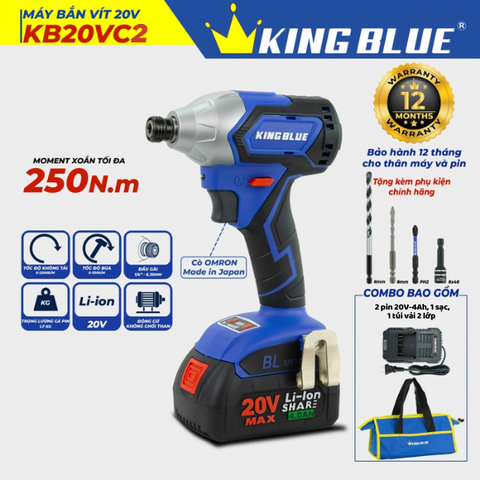 Máy bắt vít pin 20V 250Nm Kingblue KB20VC2 ( 2 pin 4Ah + 1 sạc) (Chân Bosch)