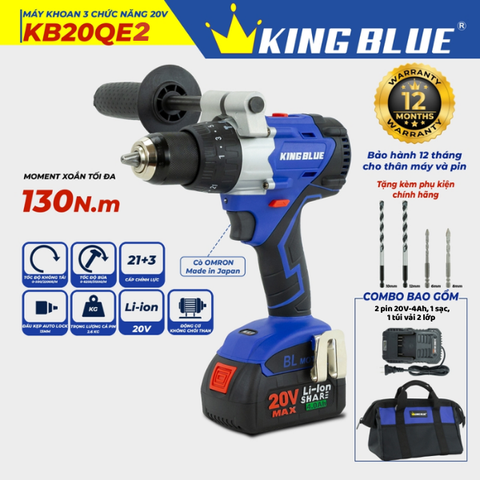 Máy khoan pin 20V Kingblue KB20QE2 rút lõi ( 2pin 4Ah +1 sạc) (Chân Bosch)