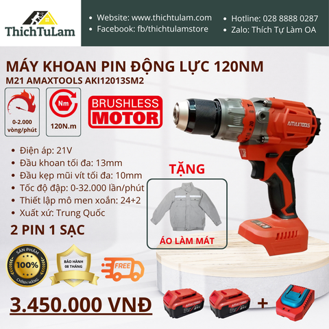 Máy khoan pin động lực 120Nm M21 (Bộ 2 pin, 1 sạc 2.5A) Amaxtools AKI12013SM2