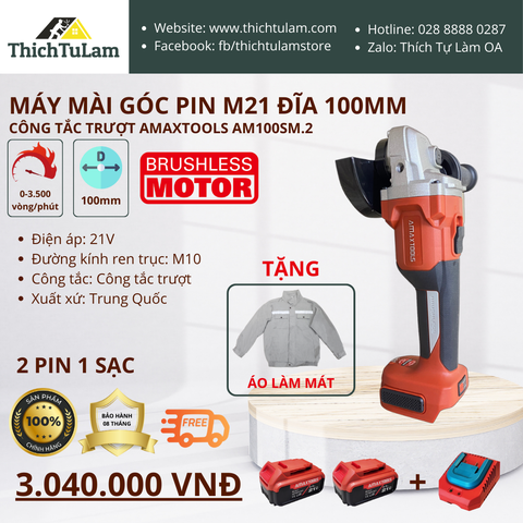 Máy mài góc pin M21 đĩa 100mm công tắc trượt (Bộ 2 pin, 1 sạc 3.5Ampe) Amaxtools AM100SM.2